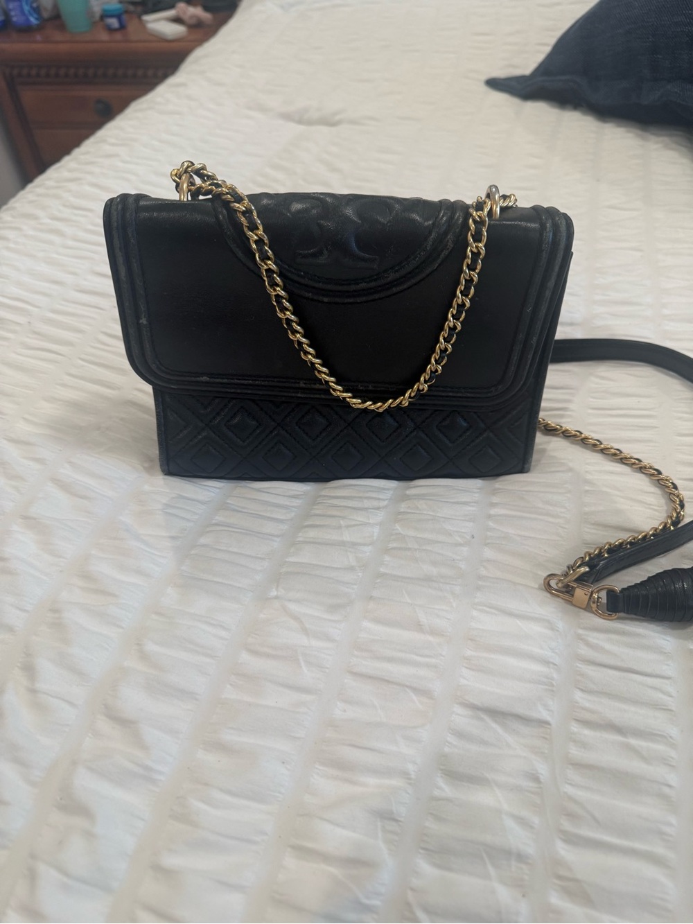Tory Burch Black Quilted Leather Shoulder Bag with Gold Chain